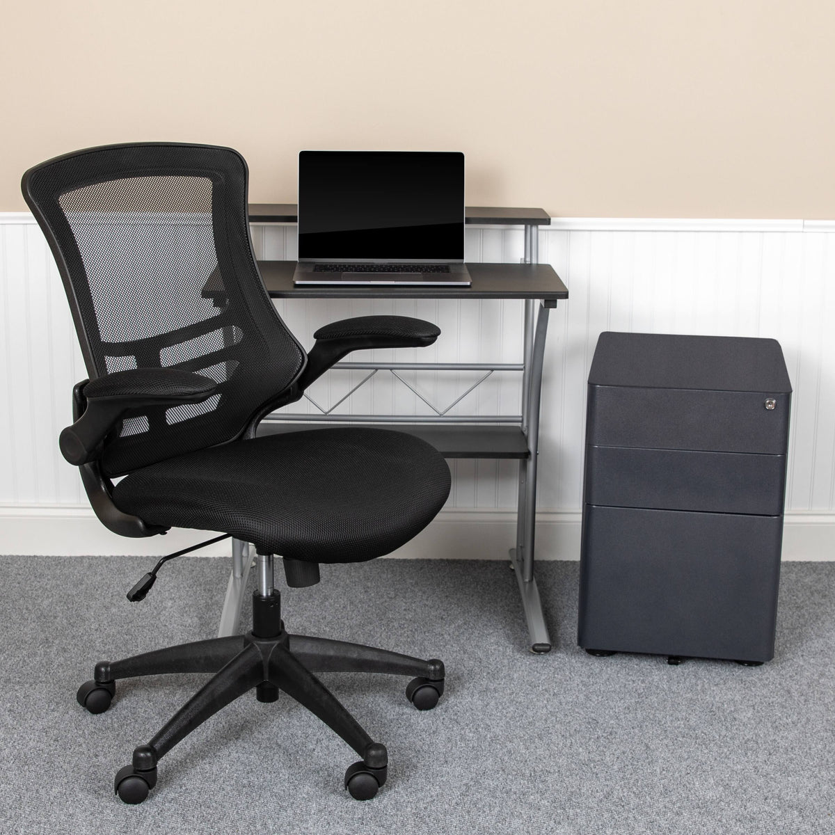 3PC Black Office Set with Desk, Mesh Chair, Filing Cabinet Z5530