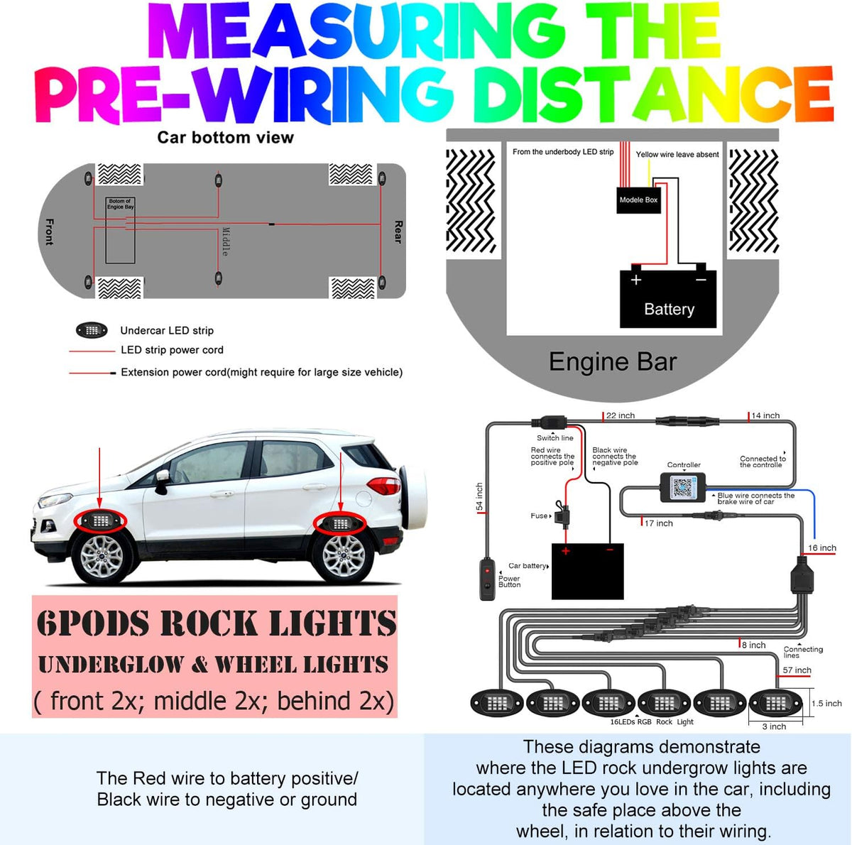 6-Pack LED RGB Neon Underglow Pod Rock Lights Kit, 96LEDs, Waterproof 12V Y5760
