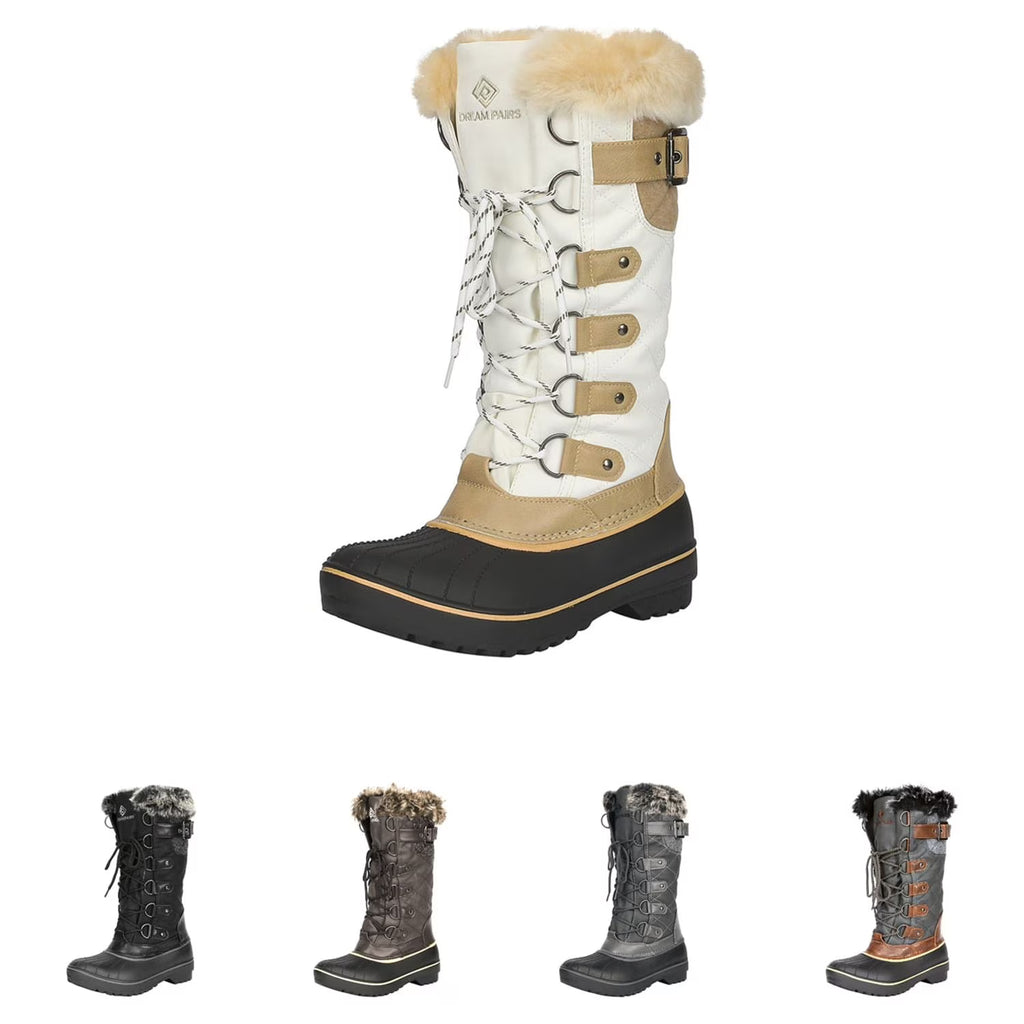 BEIGE/WHITE Waterproof Faux Fur Lined Mid Calf Snow Boots G440