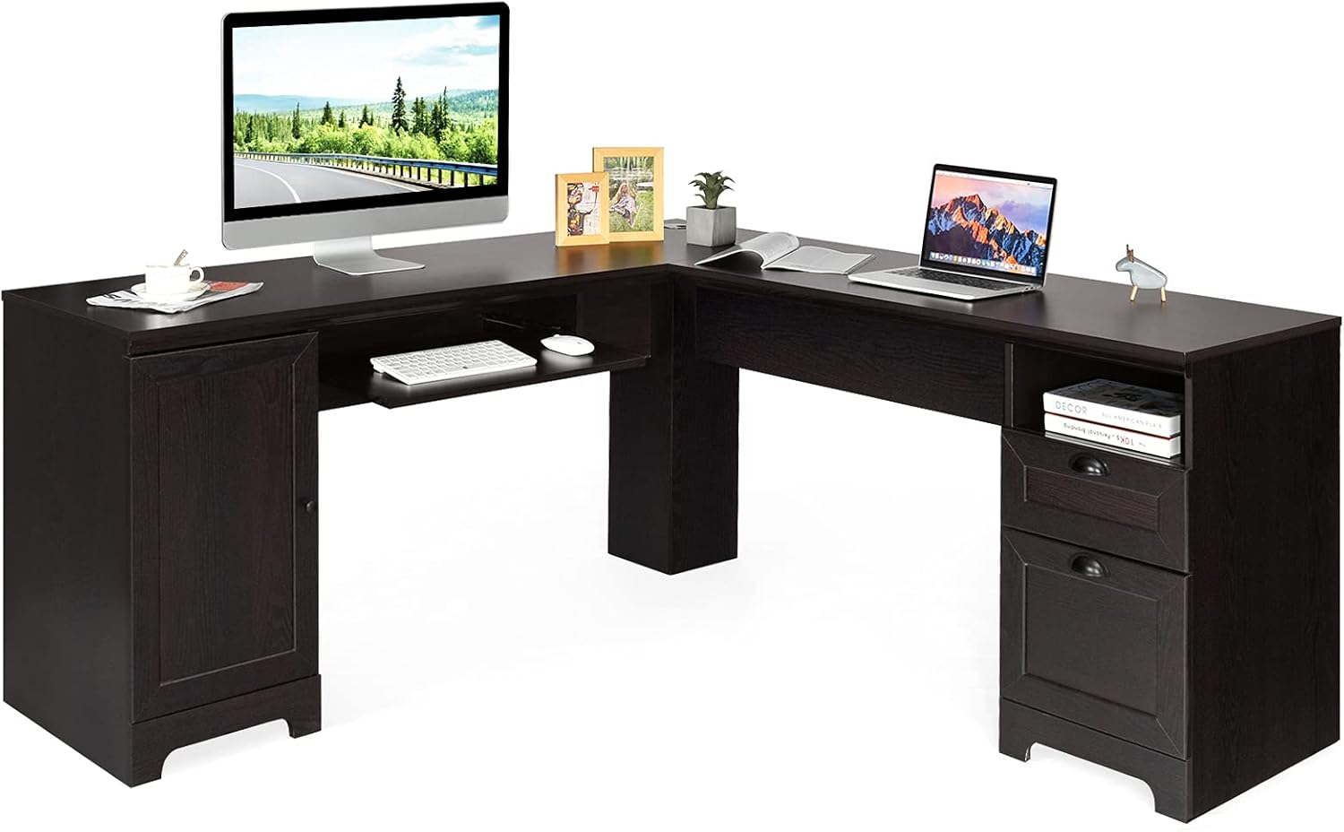 66 L-Shaped Desk with Drawers Keyboard Tray and Storage Cabinet A84587