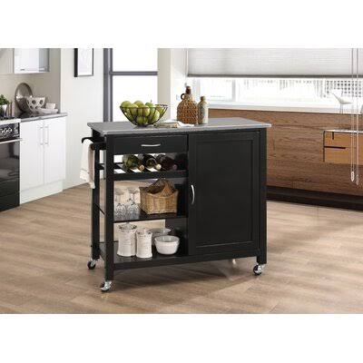 Natural and White Wood Kitchen Cart with Black Stainless Steel Counter Y269184