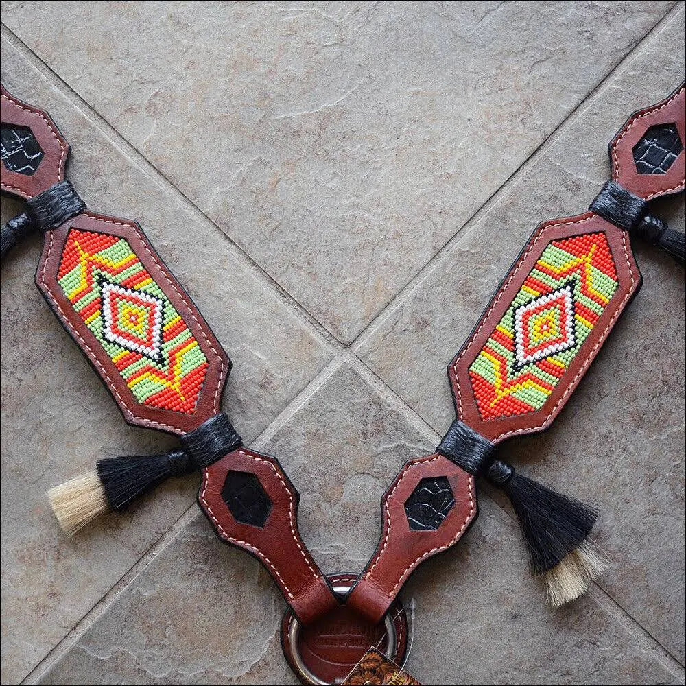 Brown Beaded Inlay Leather Horse Breast Collar P539977