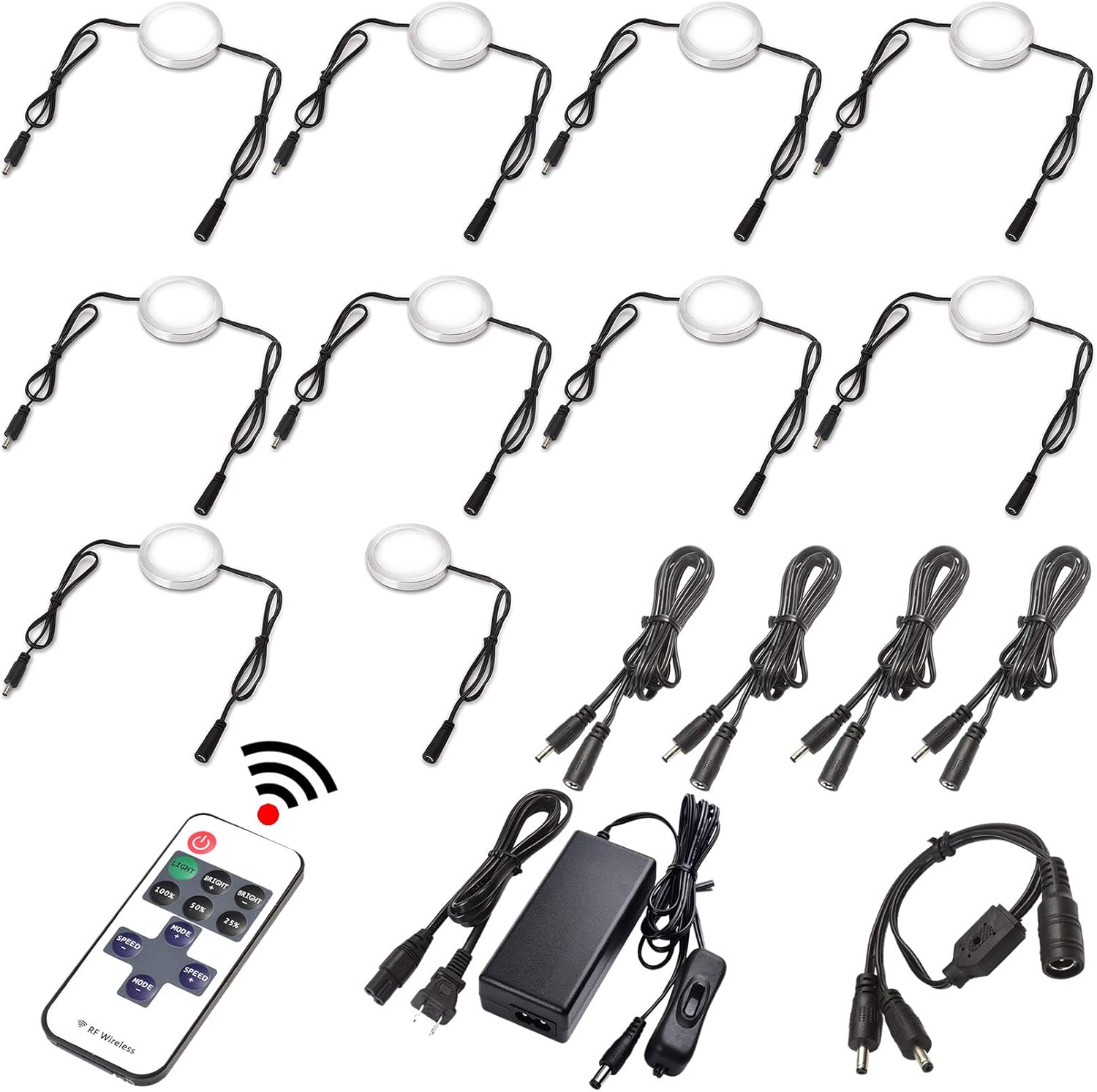 LED Under Cabinet Lighting Linkable Kit, Wireless Dimmable Puck Lights, RF Remote Control, 12 Lights, Daylight Pack of 2 J4993