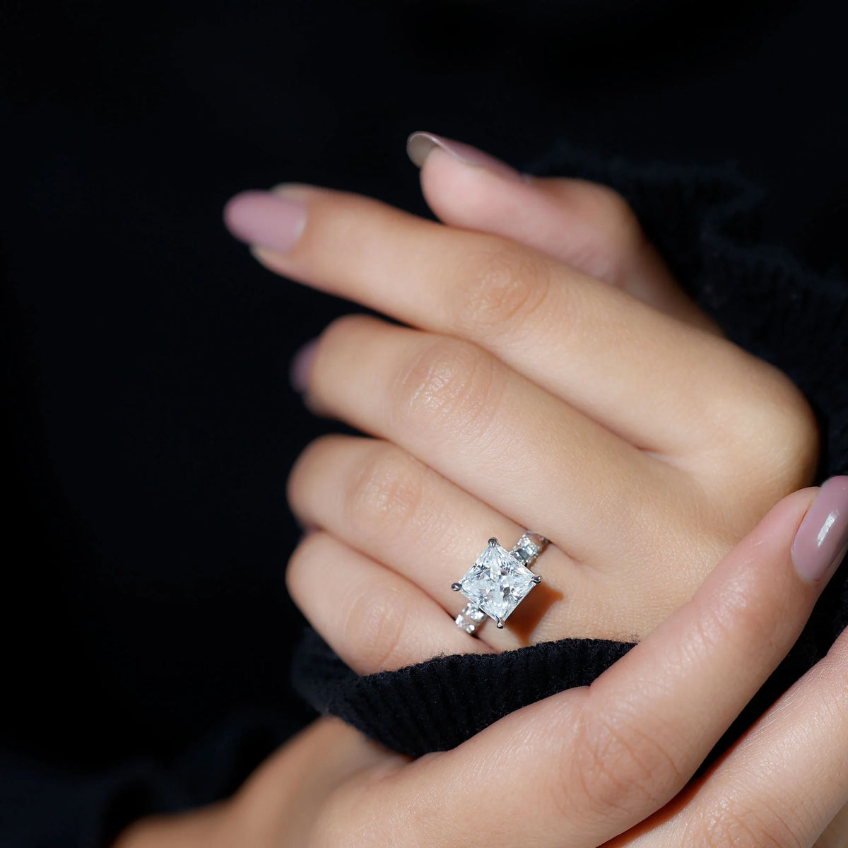 Princess Cut Moissanite Solitaire Engagement Ring with Side Stones, 925 Sterling Silver K218