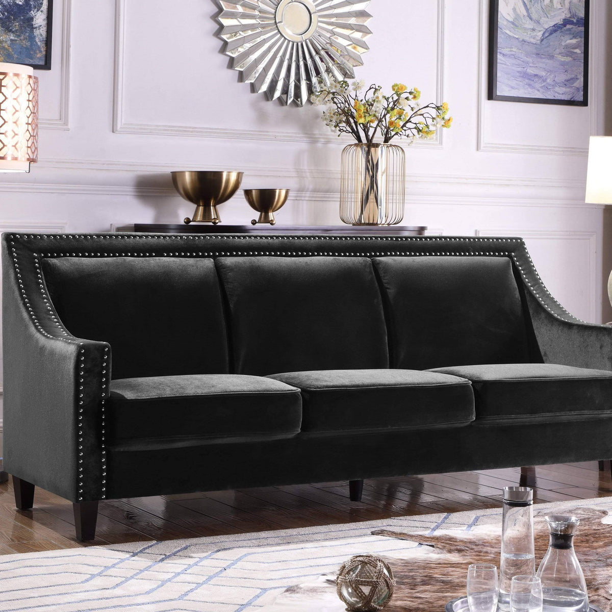 Espresso Finished Wood Legs Velvet Upholstered Swoop Arm Sofa L457