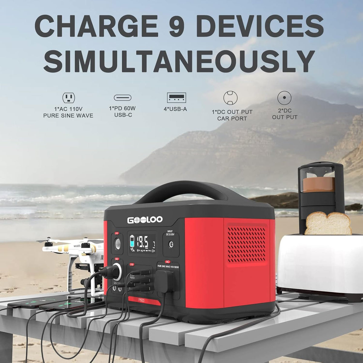 Portable Power Station 626Wh 600W AC Outlets Lithium Battery Y911