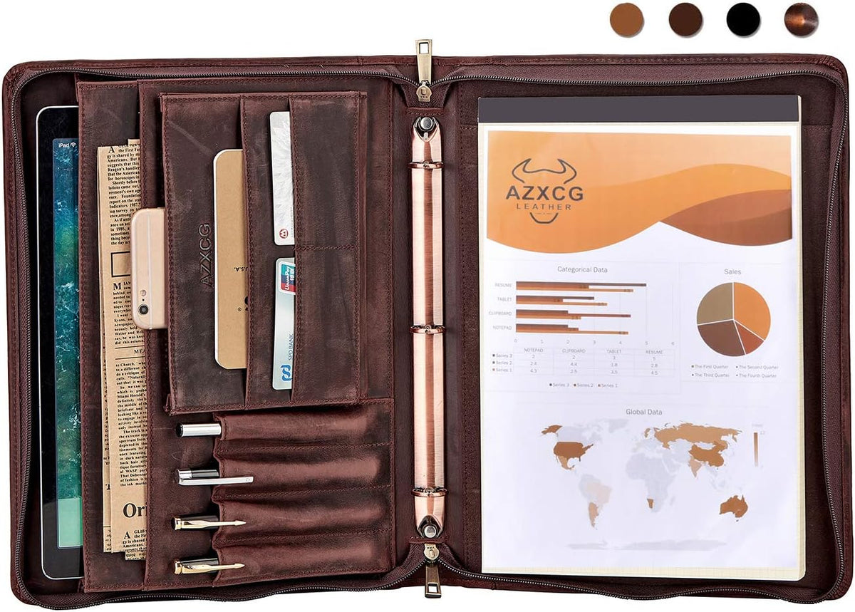 Dark Brown Genuine Leather Padfolio Binder with YKK Zipper P59526