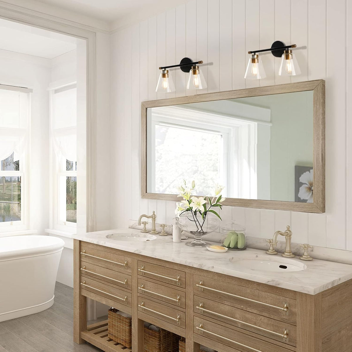 2-Light Matte Black Wall Sconce with Clear Glass Shade and Gold Base Z5069