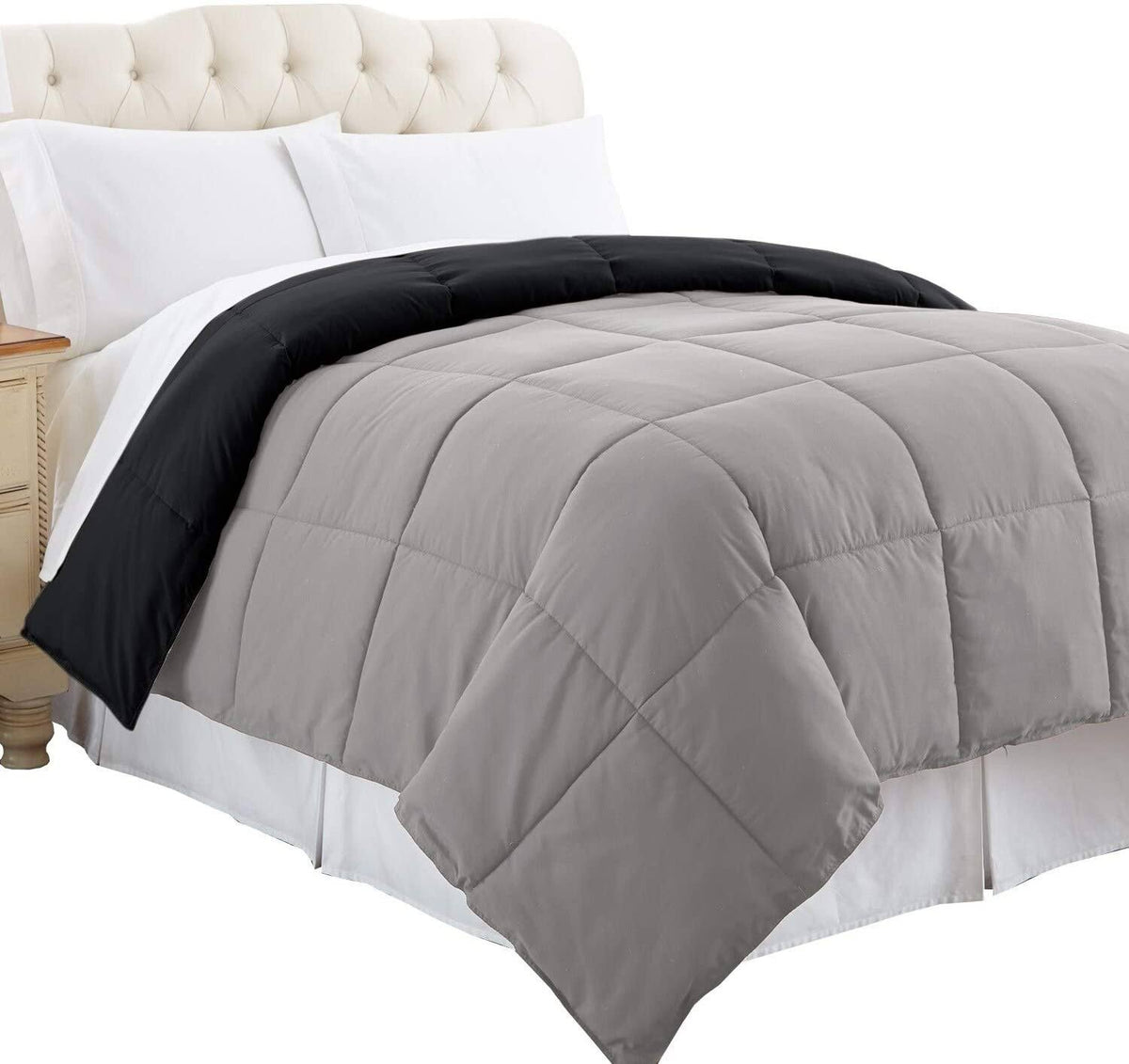 Twin Size Box Quilted Comforter Black Silver Microfiber A926