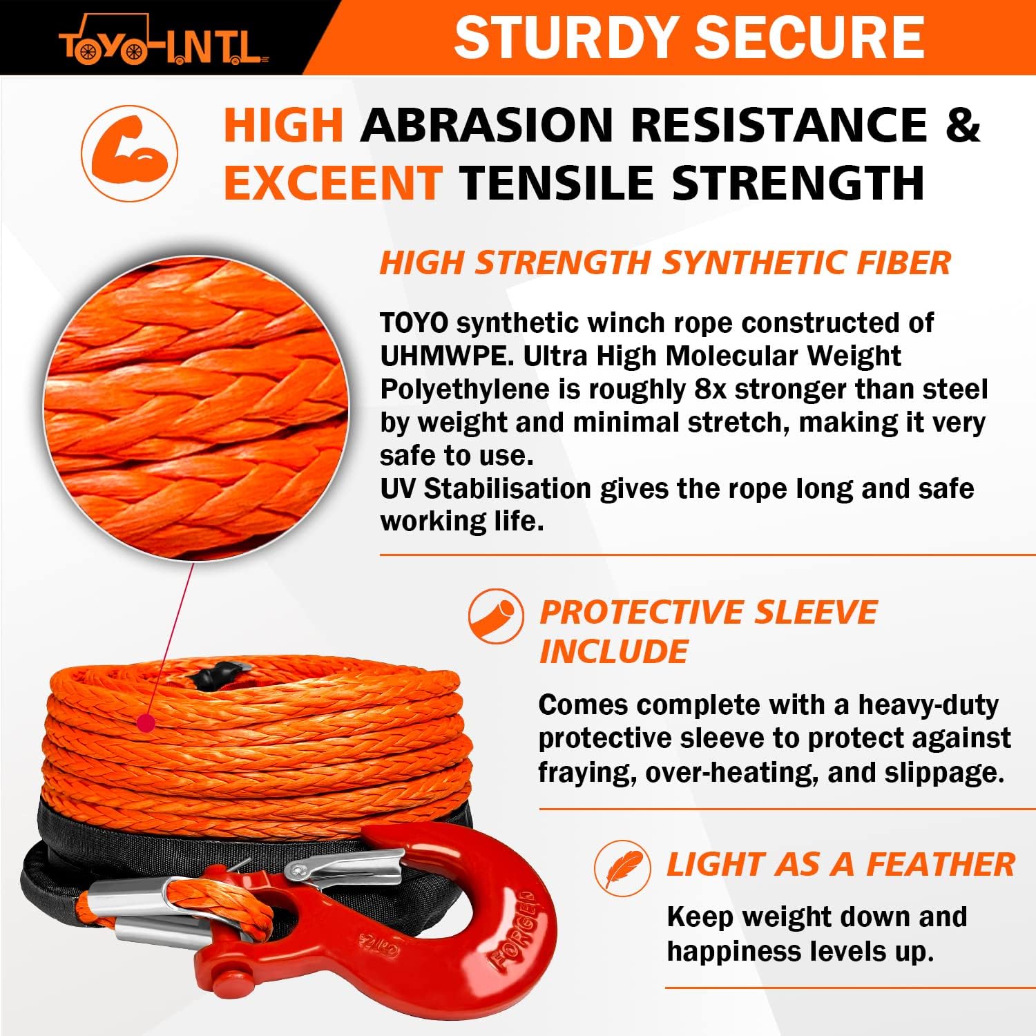 3/8" x 100ft Synthetic Winch Rope with Hook and Sleeve Protection Orange Recovery Cable Rope J55267