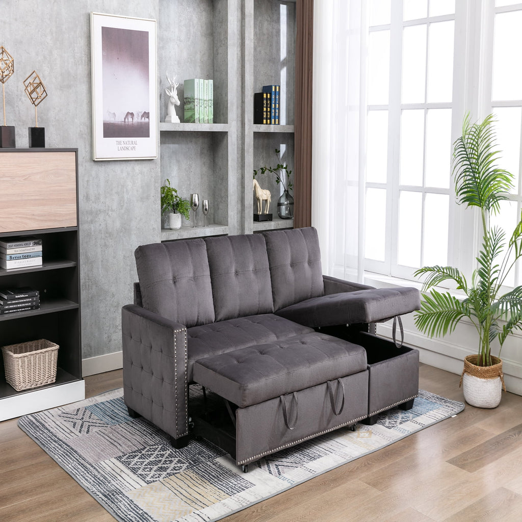 Gray Velvet Reversible Sleeper Sofa with Storage Chaise T505145