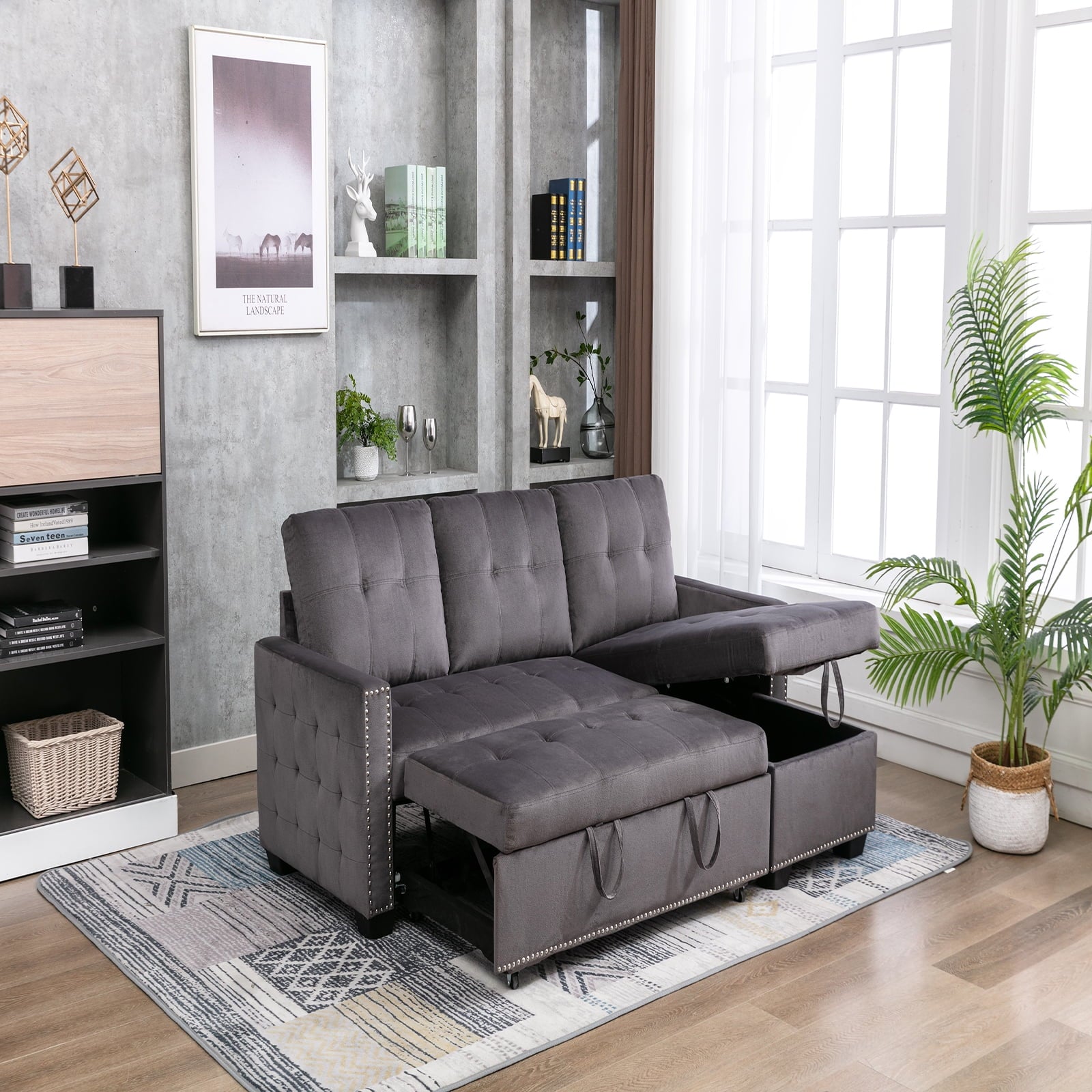 Gray Velvet Reversible Sleeper Sofa with Storage Chaise T505145