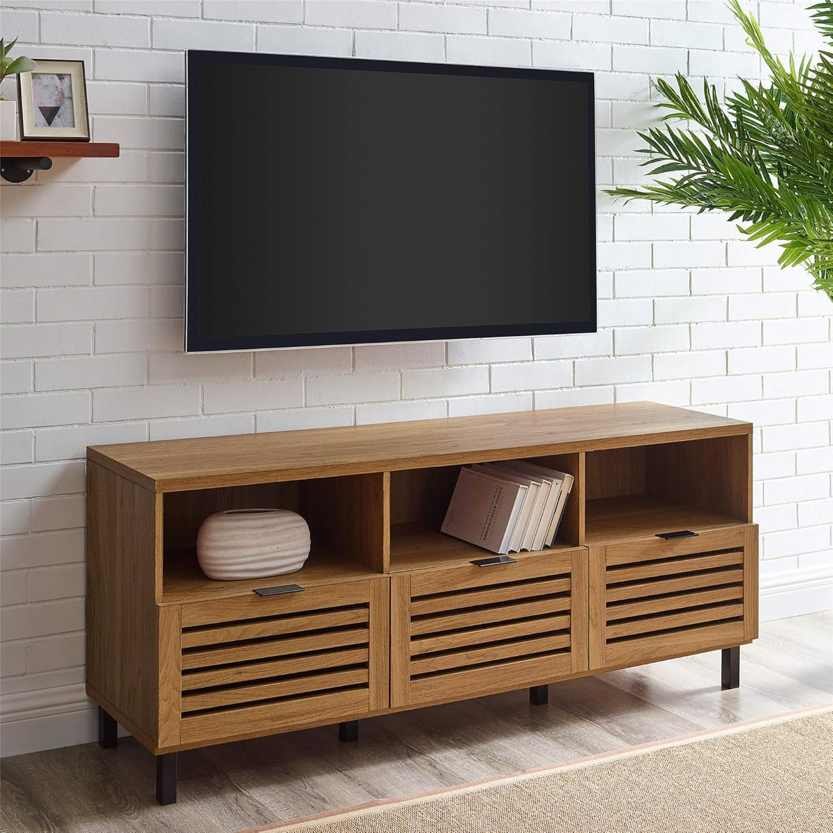 Slatted Wood TV Stand, 70 Inch, Slate Grey S542410