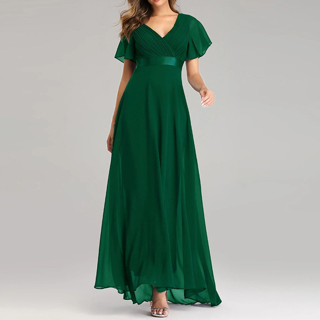 Green Crew Neck Ruffle Short Sleeve Maxi Dress L10702