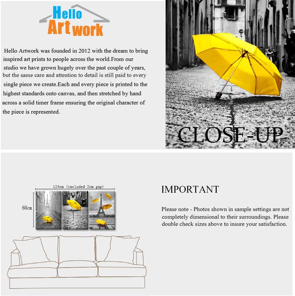 3 Pieces Paris Canvas Prints Black and White Eiffel Tower with Yellow Umbrellas Stretched Gallery Canvas Wrap Giclee Print Ready to Hang K933377