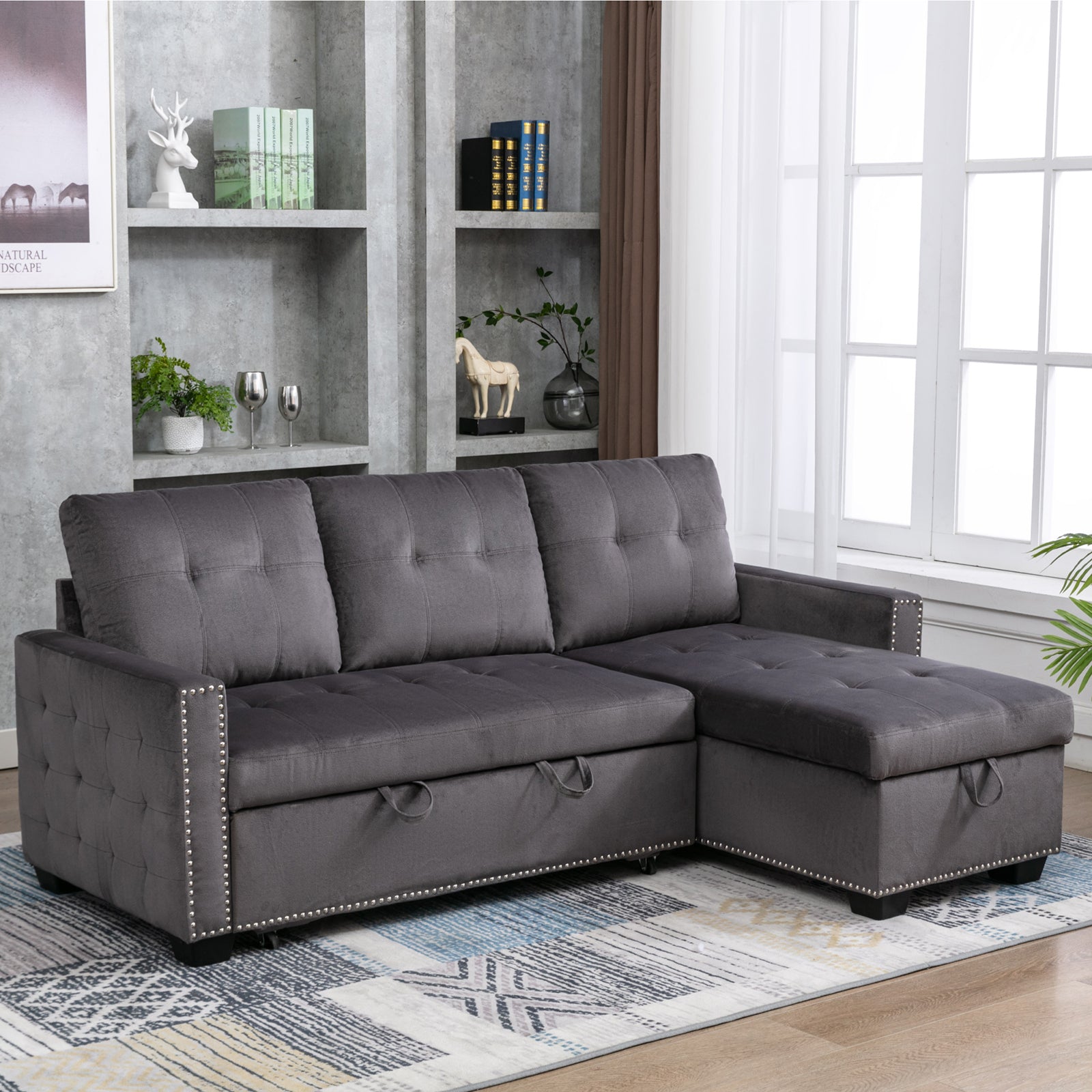 Gray Velvet Reversible Sleeper Sofa with Storage Chaise T505145