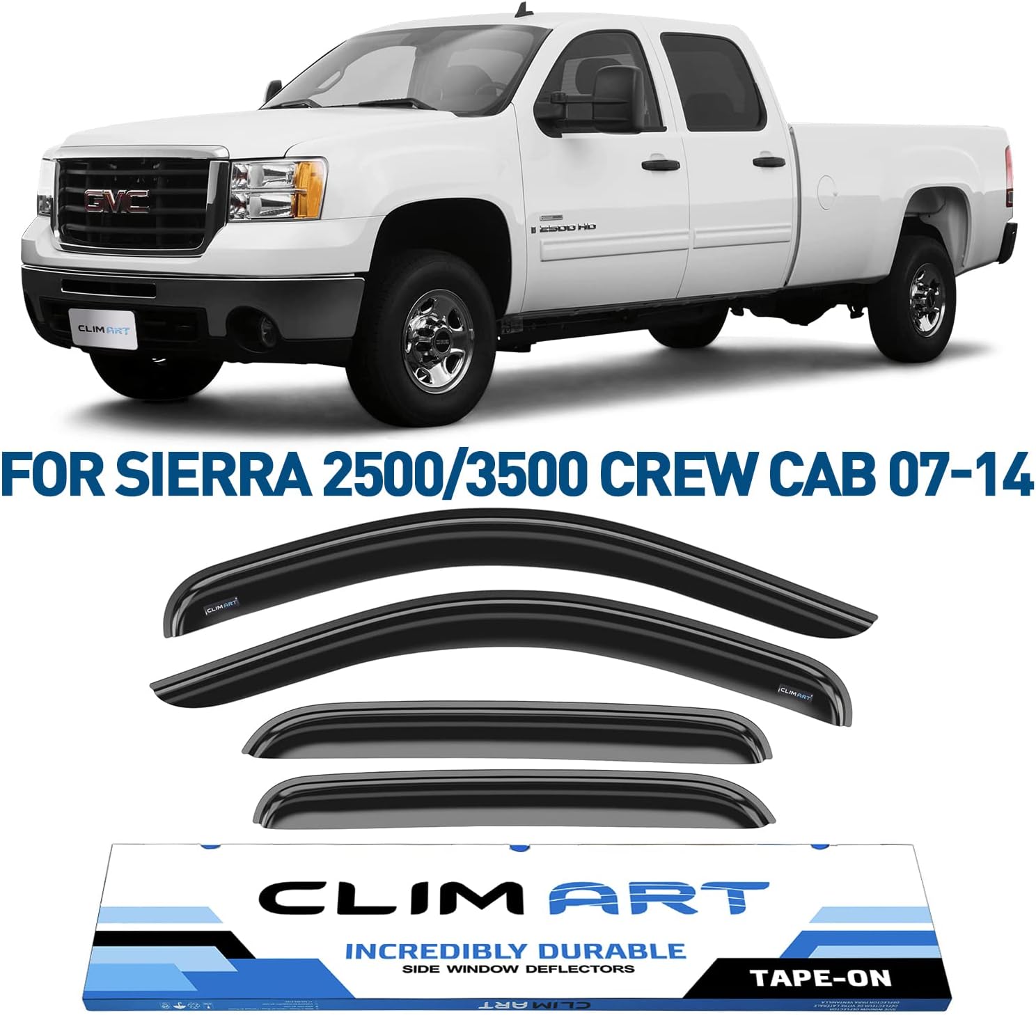 Rain Guards for GMC Sierra 2500HD/3500HD 2007-2014 Crew Cab, Tape-on Window Deflectors, 4pcs W2666