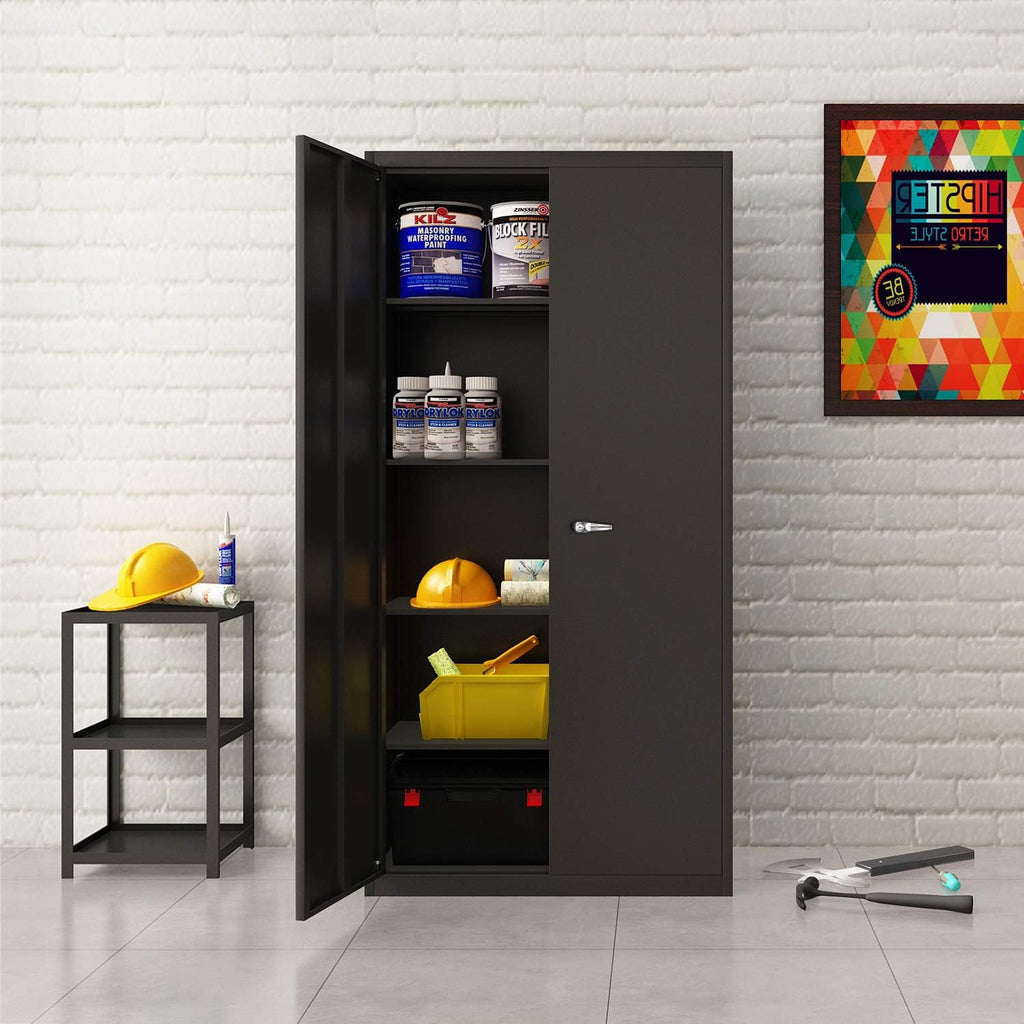 Black 70.8 H Metal Storage Cabinet with 4 Adjustable Shelf and 2 Locking Doors P921