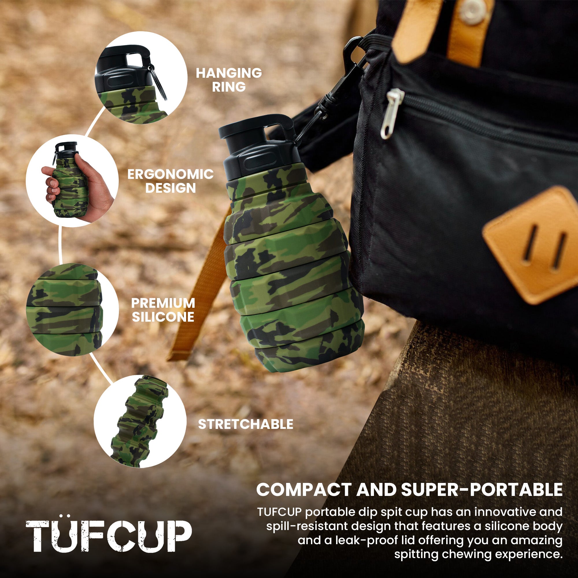 Green Camo Collapsible Spill Resistant Silicone Spit Cup with Lid J99201