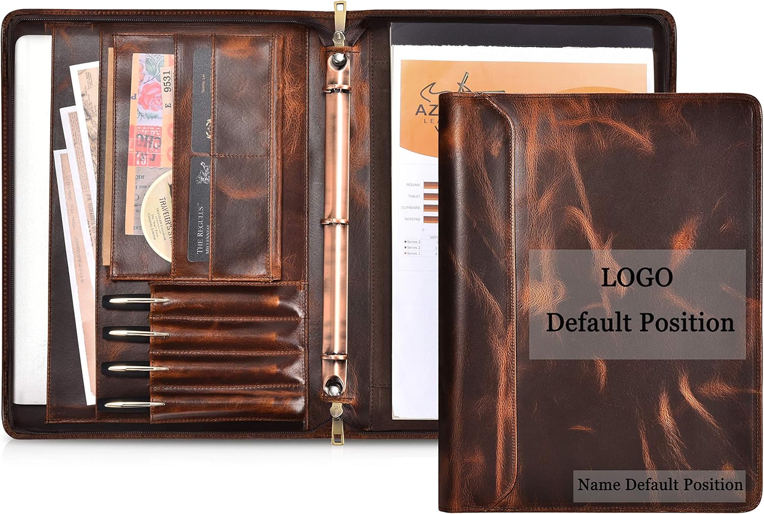 Dark Brown Genuine Leather Padfolio Binder with YKK Zipper P59526