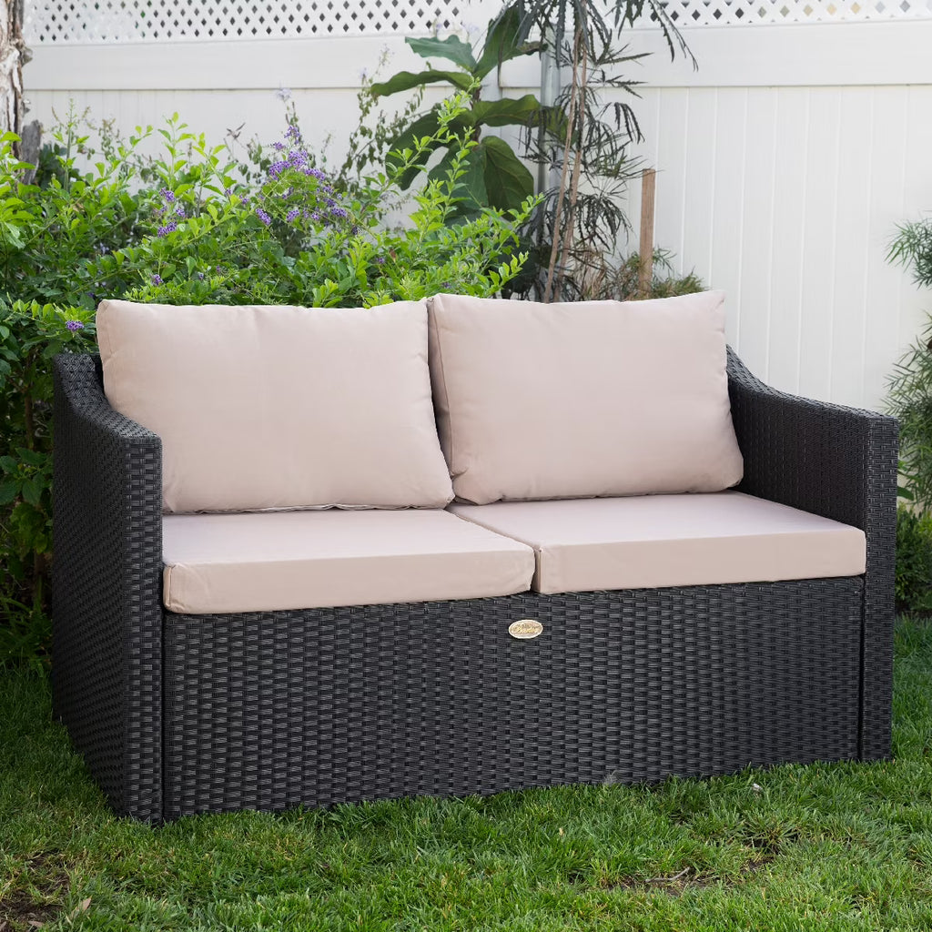 Black Wicker Rattan 2-Seater Patio Sofa with Cushions U160770