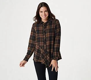 Printed Stretch Woven Button-Front Top, Size 3X, Taupe B60553