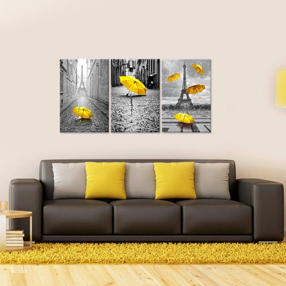 3 Pieces Paris Canvas Prints Black and White Eiffel Tower with Yellow Umbrellas Stretched Gallery Canvas Wrap Giclee Print Ready to Hang K933377