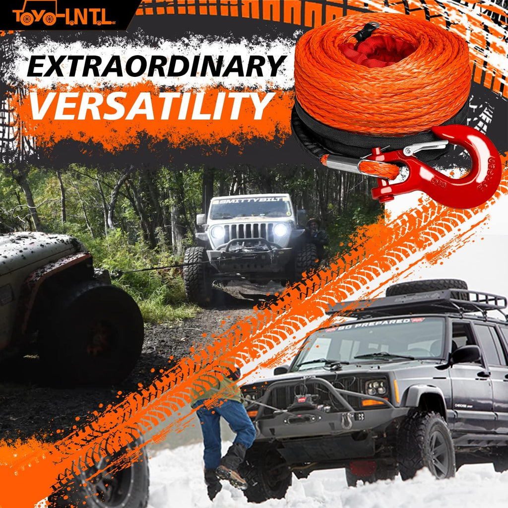 3/8" x 100ft Synthetic Winch Rope with Hook and Sleeve Protection Orange Recovery Cable Rope J55267