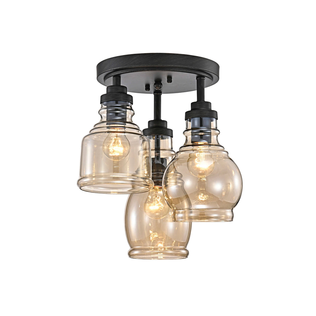 Antique Black 3-Light Flush Mount with Cognac Glass Shade K91327