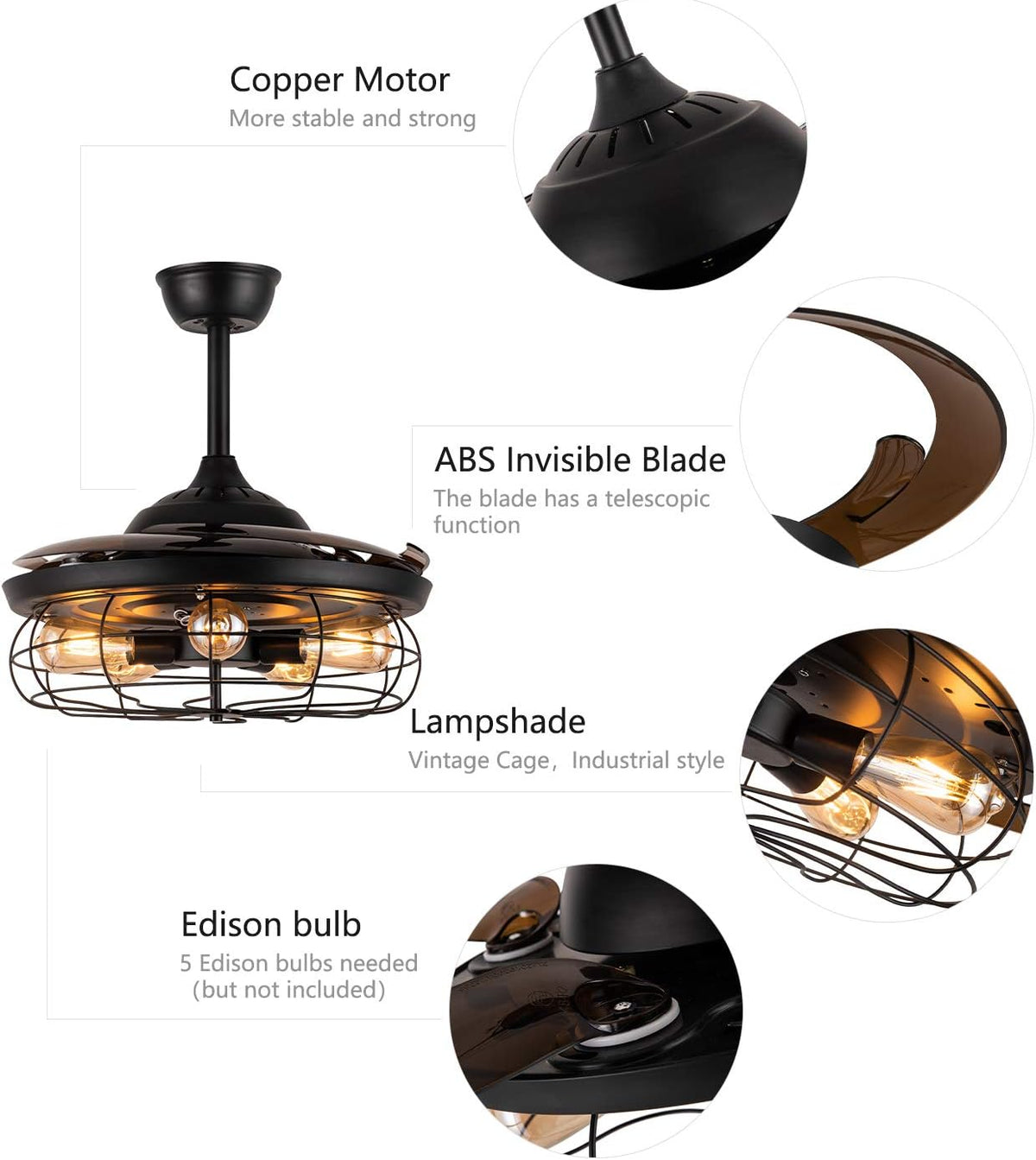 Black Vintage Cage Retractable Blades Ceiling Fan A972712