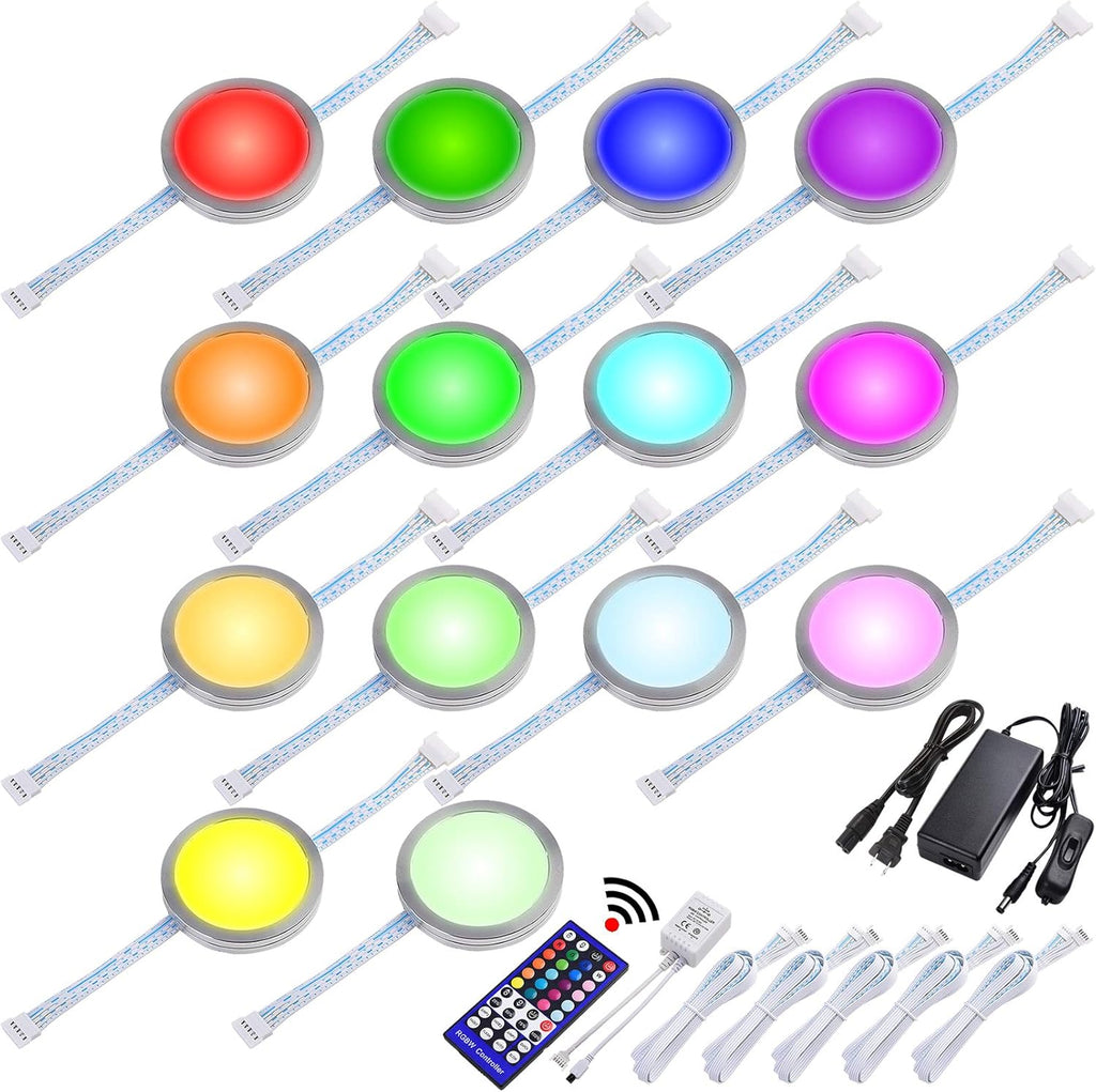 14 Lights Linkable Under Cabinet LED Puck Light Kit with Wireless Remote Control Dimmer Y329