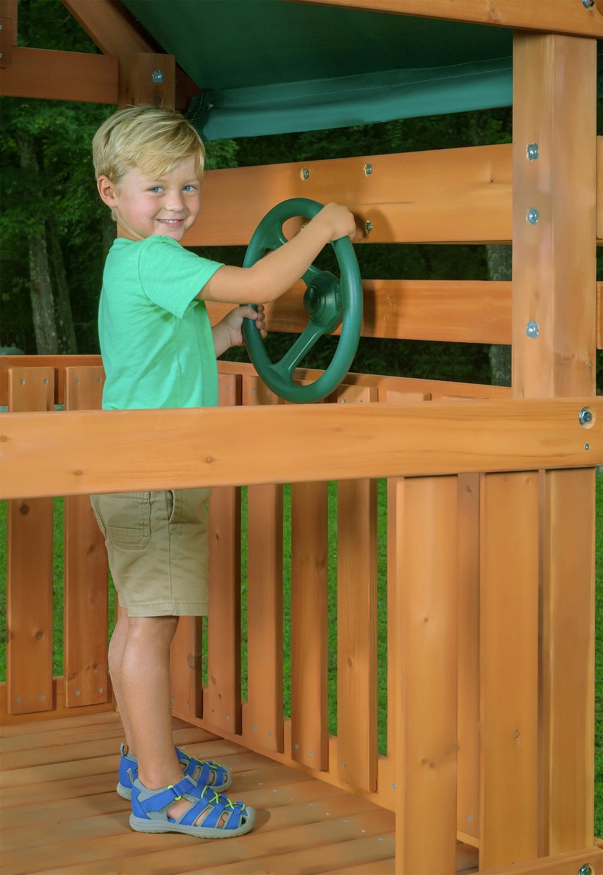 Wooden Swing Sets with Tarp Roof & Green Slide Z373