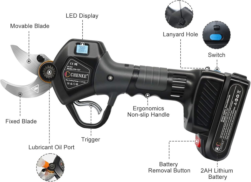 Electric Pruning Shears with 2 Pack Backup Rechargeable 2Ah Lithium Battery 30mm Max Cutting Diameter C595