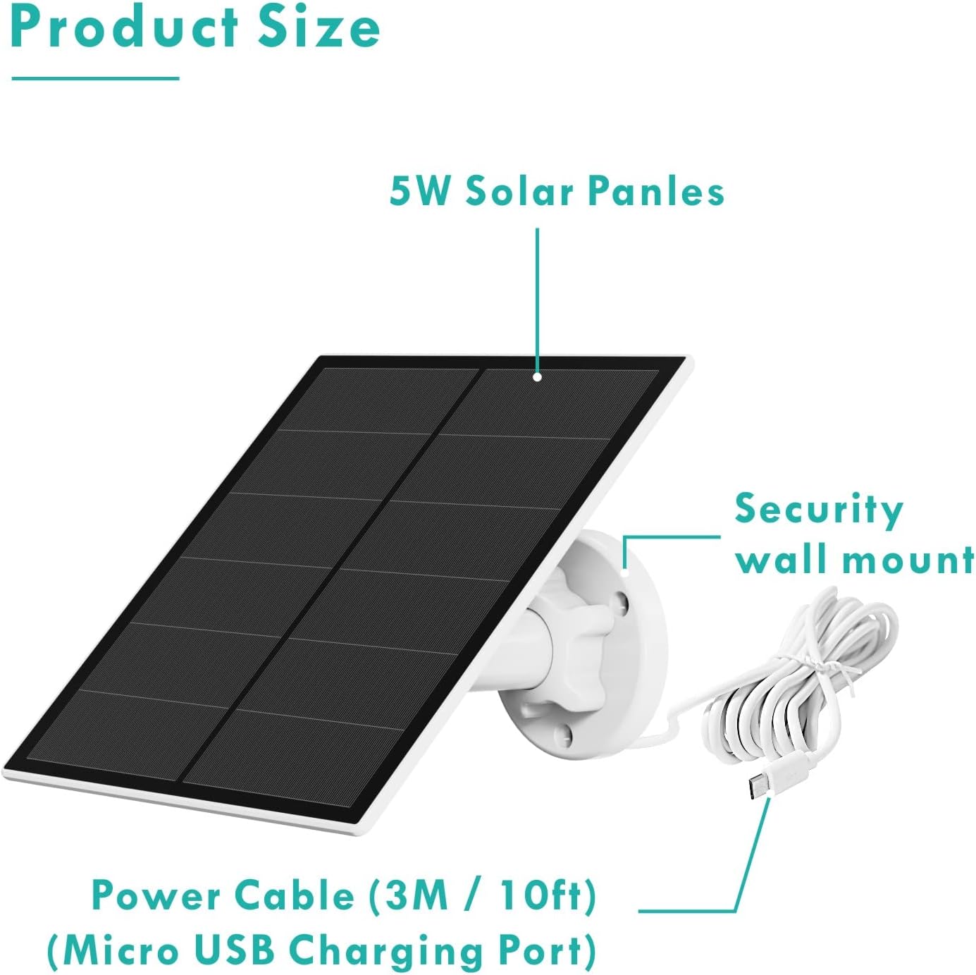 Solar Panel for Rechargeable Battery Security Camera, IP65 Waterproof, Micro USB, 360° Adjustable Wall Mounting Bracket I82488