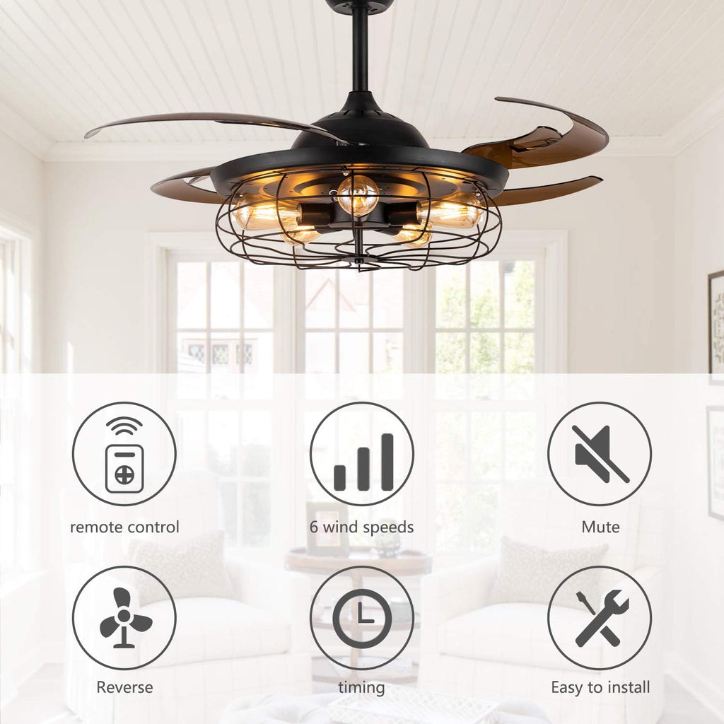 Black Vintage Cage Retractable Blades Ceiling Fan A972712