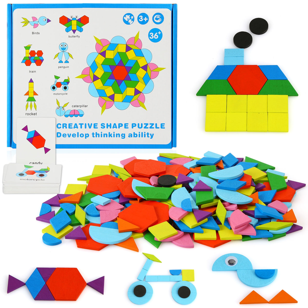 Wooden Pattern Blocks Geometric Shapes Toy with Cards H752204