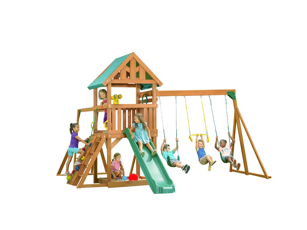 Wooden Swing Sets with Tarp Roof & Green Slide Z373