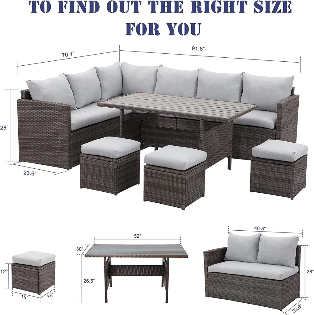 7 Piece Outdoor Dining Sectional Sofa with Dining Table and Chair Grey H460