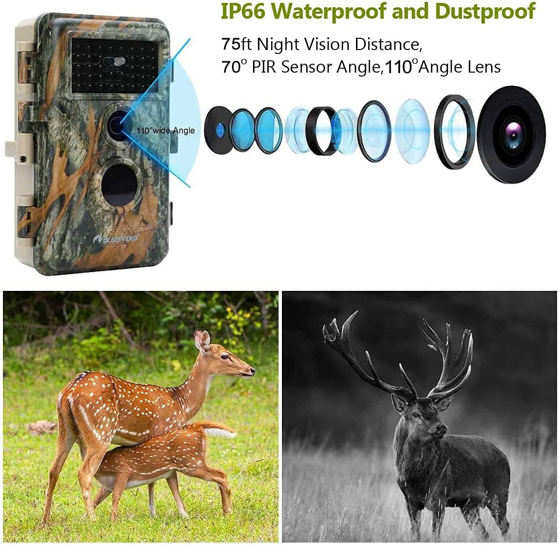 5-Pack 24MP 1296P H.264 MP4 Video 75ft Night Vision No Glow Infrared Motion Activated IP66 Waterproof Wildlife Deer Hunting Cameras V52653