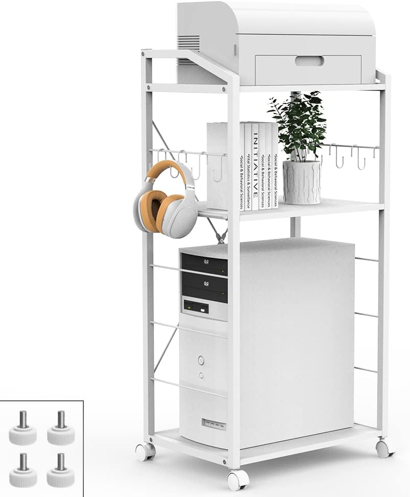 White 3-Tier Mobile Printer Stand Utility Cart Wooden Adjustable Shelf with 8 Hooks C872