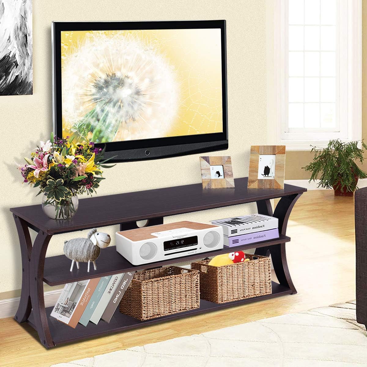 3-Tier TV Stand Storage Console with Storage Shelves (Wood Top) G1376