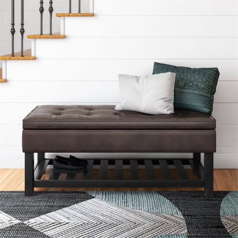 Distressed Brown Faux Leather Storage Ottoman Bench T732361