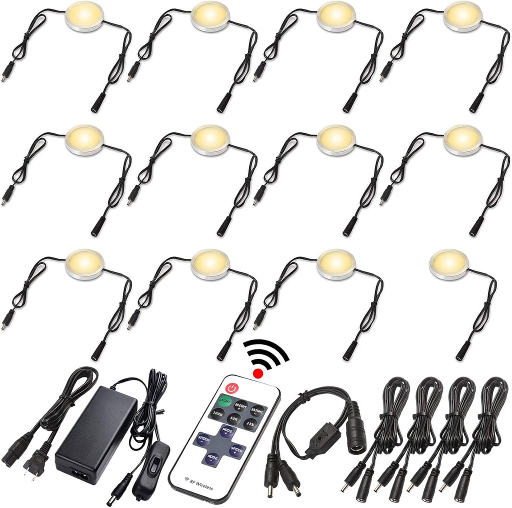 LED Under Cabinet Lighting Linkable Kit, Wireless Dimmable Puck Lights, RF Remote Control, 12 Lights, Daylight Pack of 2 J4993