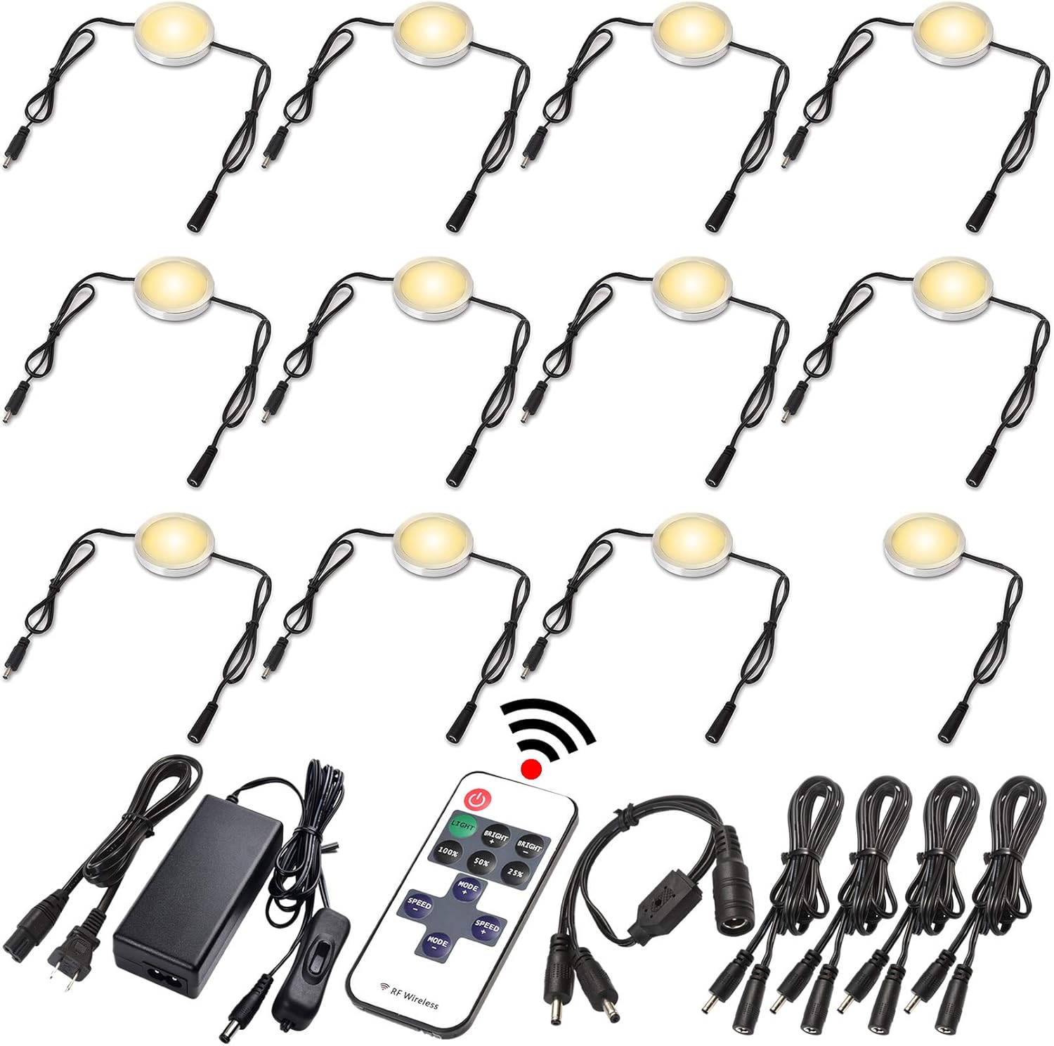 LED Under Cabinet Lighting Linkable Kit, Wireless Dimmable Puck Lights, RF Remote Control, 12 Lights, Daylight Pack of 2 J4993