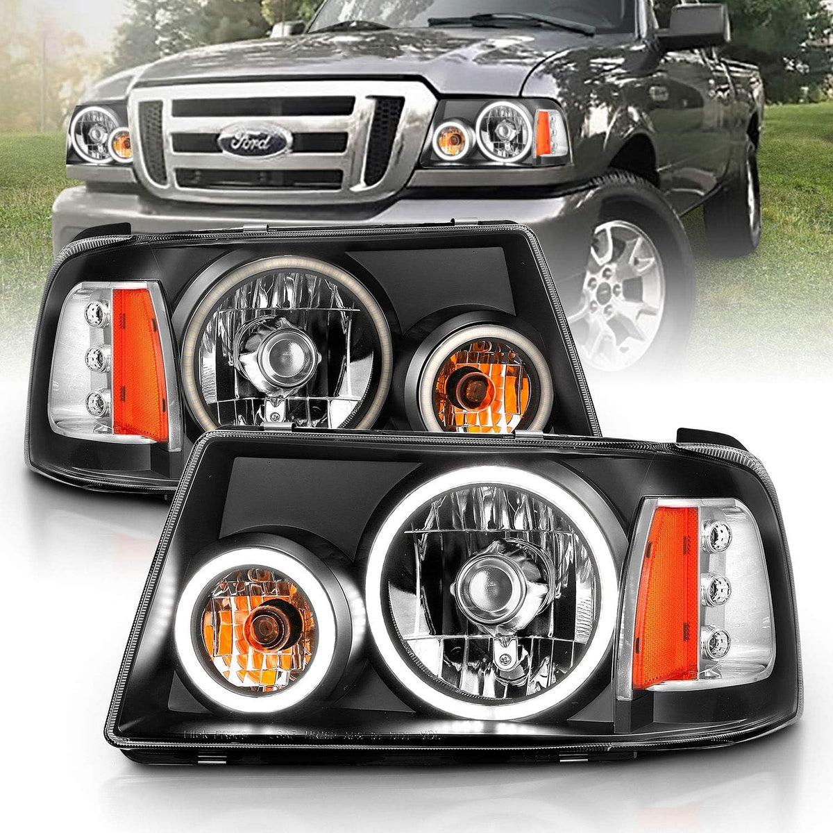 Black Dual LED Halo Replacement Headlights Set for Ford Ranger N8892