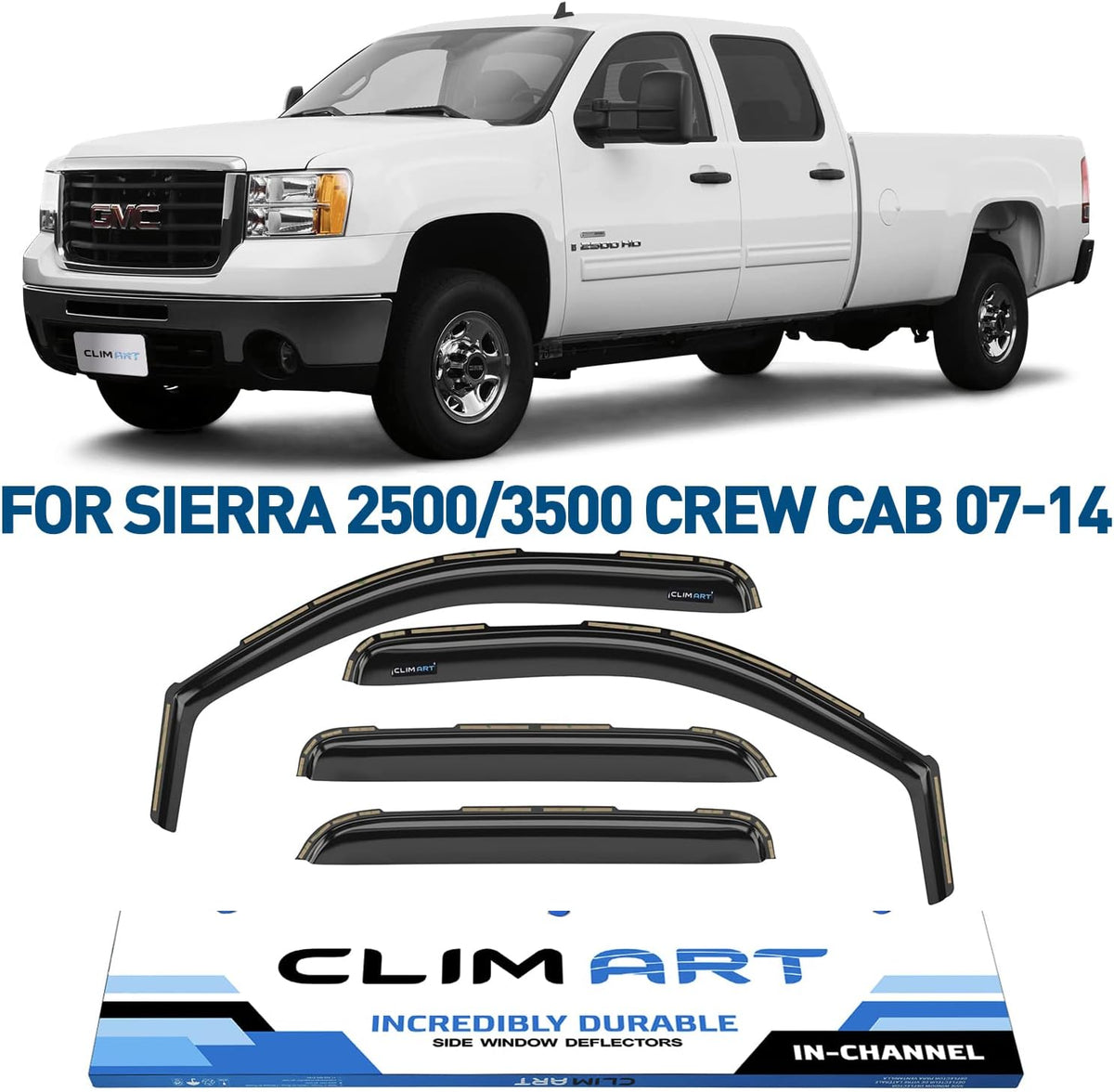 Rain Guards for GMC Sierra 2500HD/3500HD 2007-2014 Crew Cab, Tape-on Window Deflectors, 4pcs W2666