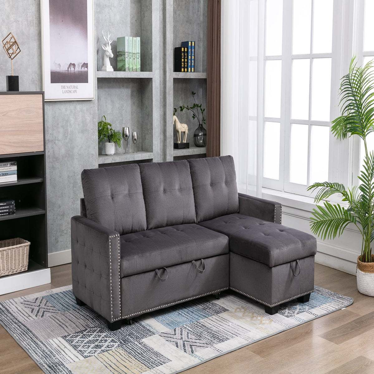 Gray Velvet Reversible Sleeper Sofa with Storage Chaise T505145
