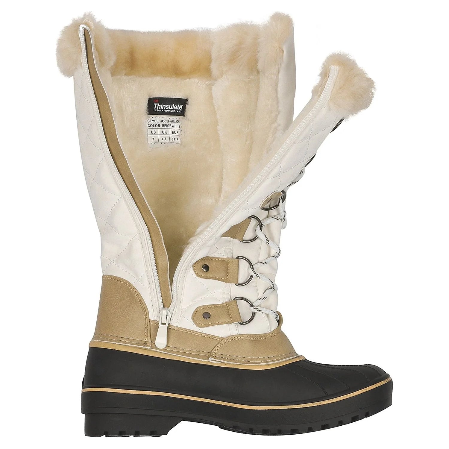 BEIGE/WHITE Waterproof Faux Fur Lined Mid Calf Snow Boots G440
