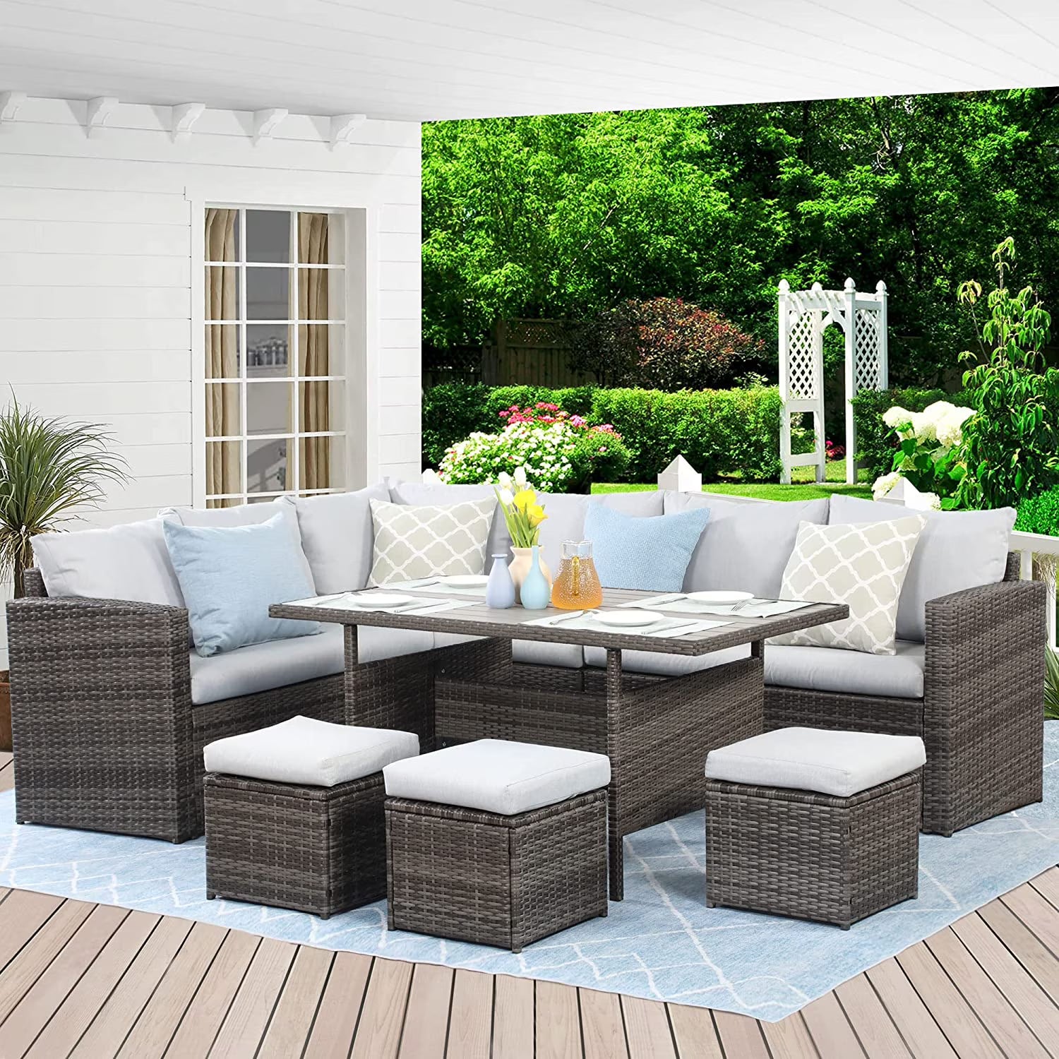 7 Piece Outdoor Dining Sectional Sofa with Dining Table and Chair Grey H460