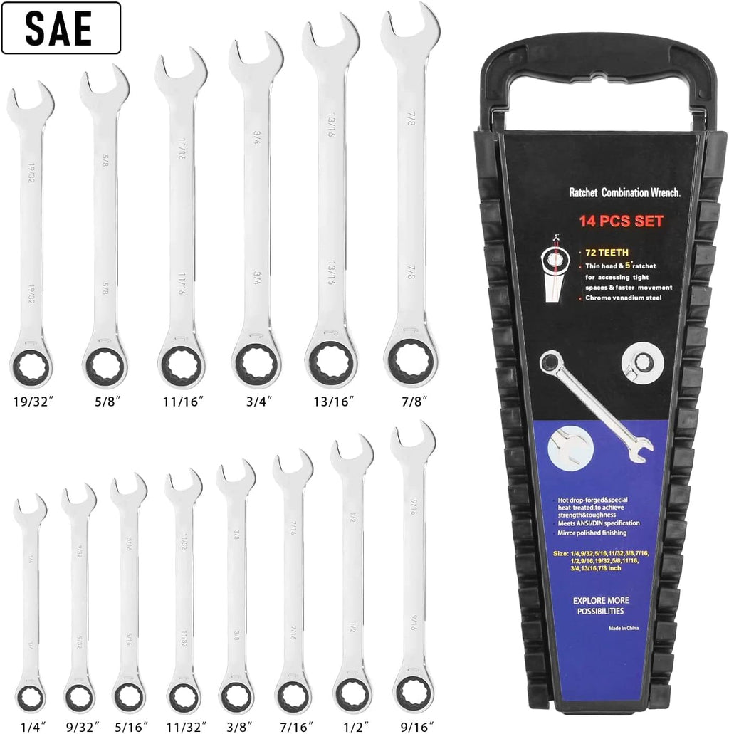 14-Piece Ratcheting Combination Wrench Set, Chrome Vanadium Steel Z9016
